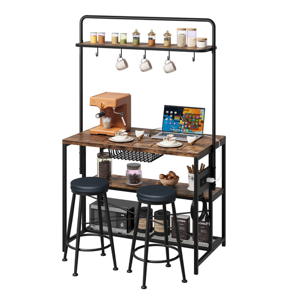 Kitchen Island with Power Outlet & 2 Bar Stools