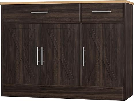 Farmhouse Sideboard Buffet Cabinet with Storage – 3 Barn Doors, 2 Drawers