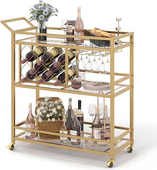 Rolling Bar Cart with Wine Rack & Stemware Holder