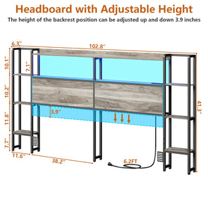 King Size Headboard with LED Lights, Charging Station & Storage Shelves