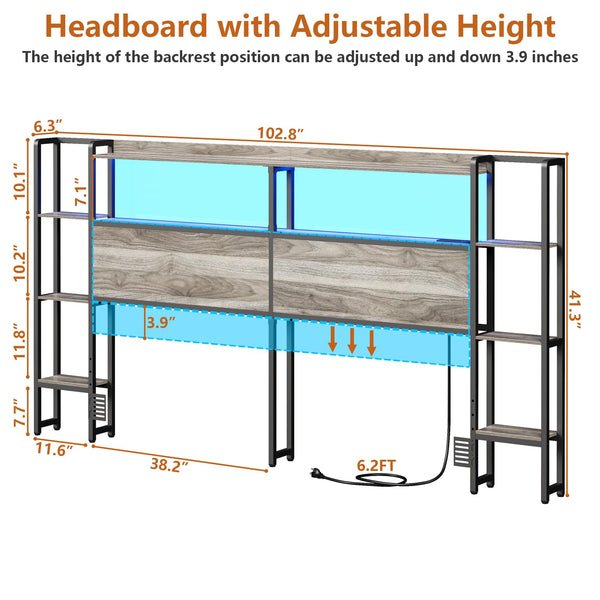 King Size Headboard with LED Lights, Charging Station & Storage Shelves