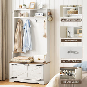 Farmhouse Hall Tree with Bench, Coat Rack & Shoe Cabinet – 31.5"L x 13.8"W x 65.7"H