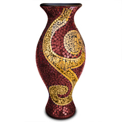 Mosaic Terracotta Floor Vase – 24 Inch Tall Cylinder, Ruby Red & Gold