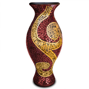 Mosaic Terracotta Floor Vase – 24 Inch Tall Cylinder, Ruby Red & Gold
