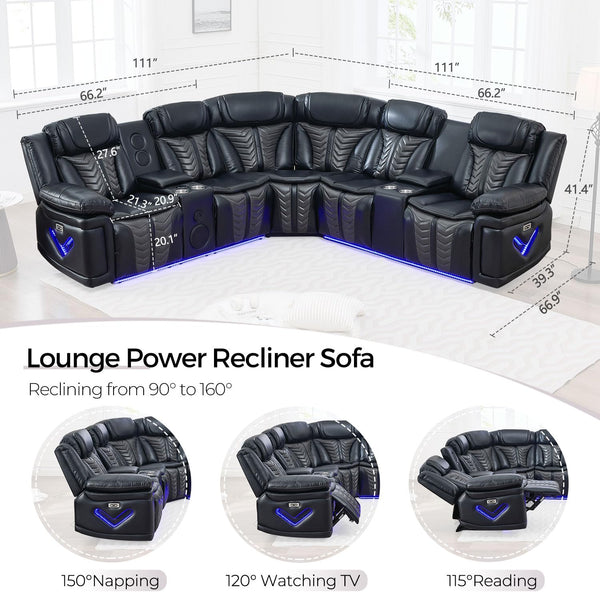 Power Recliner Sectional Sofa with LED Lights & Bass Speakers