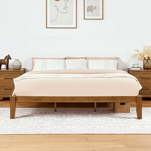 Japandi Solid Wood Platform Bed Frame with Optional Headboard