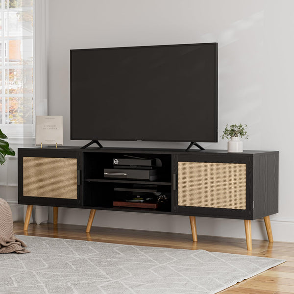 65-Inch TV Stand with Rattan Doors & Storage Cabinets