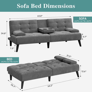 Convertible Futon Sofa Bed with Cup Holders & Adjustable Backrest