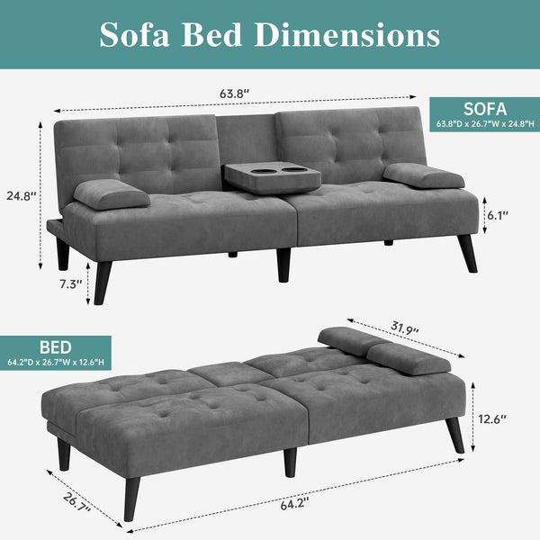 Convertible Futon Sofa Bed with Cup Holders & Adjustable Backrest