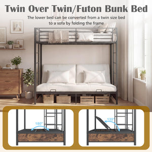 Twin Over Twin Futon Bunk Bed with Ladders & Guardrails