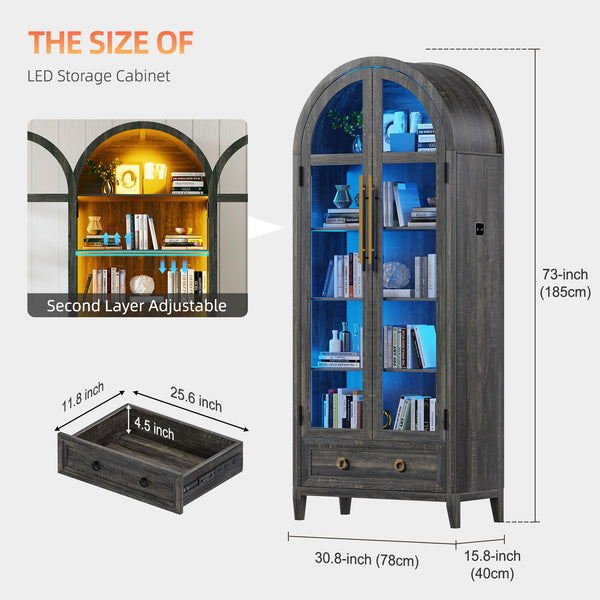 Arch Display Cabinet with Glass Doors, LED Lights & Drawer – 73" Tall
