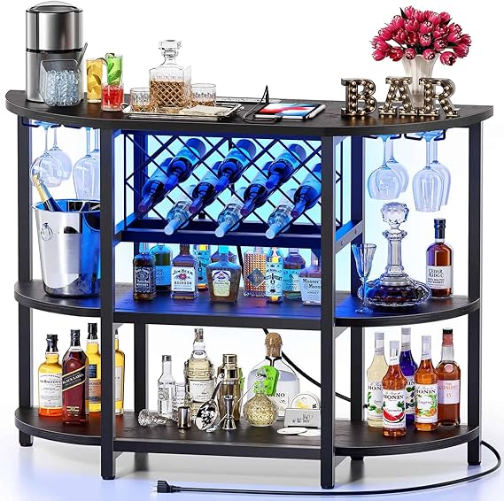 47.3" LED Bar Cabinet with Power Outlet & 4-Tier Storage