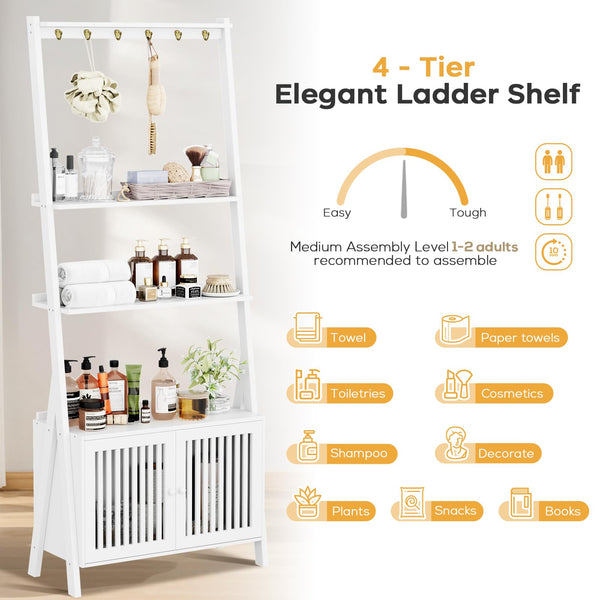 4-Tier Bamboo Ladder Bookshelf with Drawers & Hooks