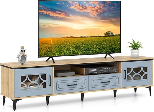 Tangkula Farmhouse TV Stand for TVs up to 80”, 71” Entertainment Center with 2 Drawers, 2 Cabinets & Compartment, with 7 Raised Metal Legs, Wood Media TV Console Table for Living Room (Antique White)
