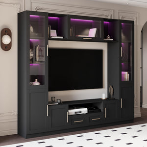 4-Piece Wall Unit TV Stand with LED Lights, Entertainment Center with Bookshelves & Bridge, Black