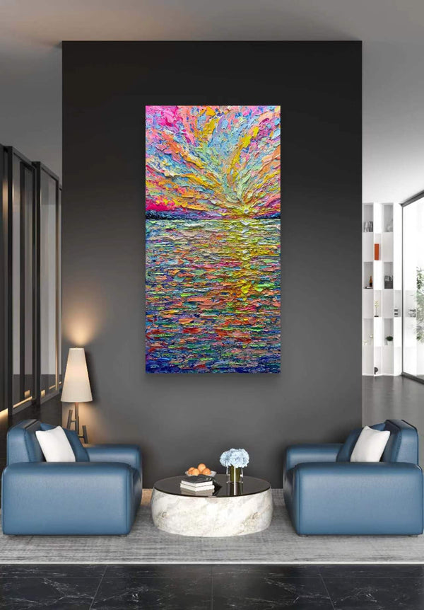 Abstract Sunrise Canvas Wall Art – Hand-Painted Knife Painting, 24x48 Inch