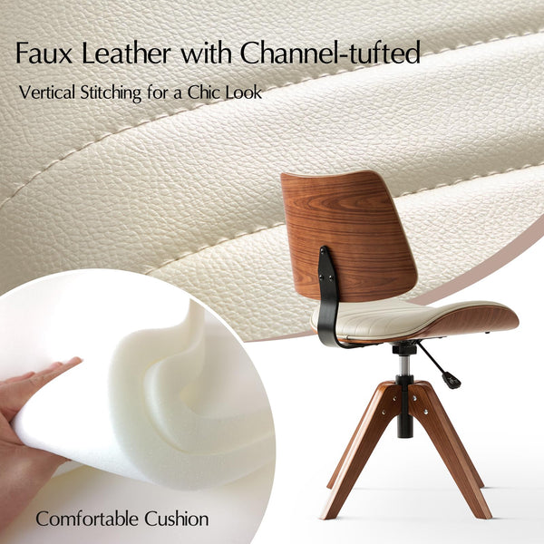 Mid-Century Faux Leather Swivel Desk Chair, Tufted Back, Solid Wood Legs