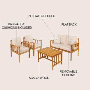 4-Piece Acacia Wood Outdoor Patio Conversation Set with Cushions