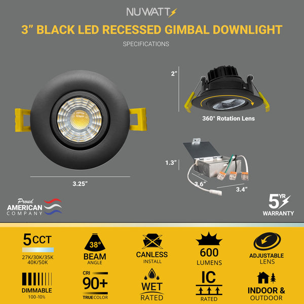 3 Inch Adjustable LED Gimbal Recessed Downlight – 5 CCT, Dimmable, Canless, 16-Pack