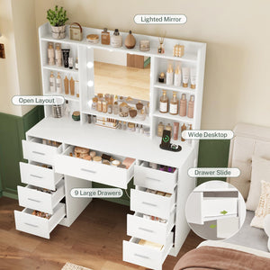 White Vanity Desk with Mirror, Lights & 9 Drawers