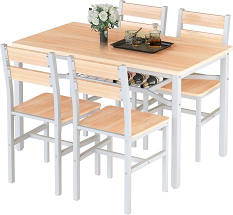 5-Piece Wood Dining Table Set with Storage Shelf
