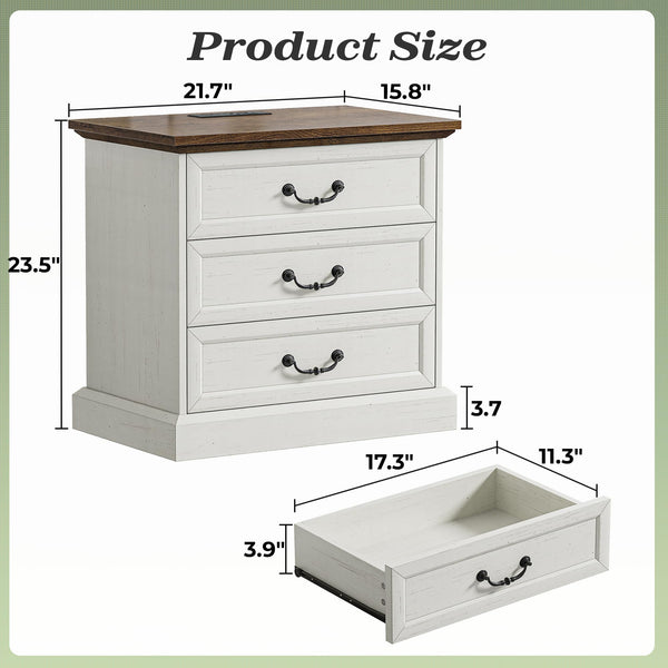 Farmhouse Nightstand with Charging Station & 3 Drawers