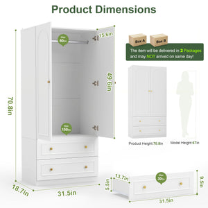 Wooden Armoire Wardrobe Closet – 2 Doors, 2 Drawers, White