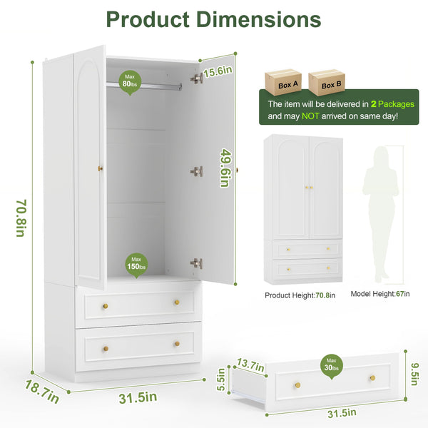 Wooden Armoire Wardrobe Closet – 2 Doors, 2 Drawers, White