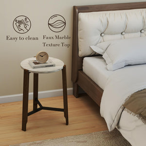 Modern Round End Table with Marble Top & Wood Legs