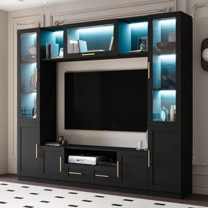4-Piece Wall Unit TV Stand with LED Lights, Entertainment Center with Bookshelves & Bridge, Black