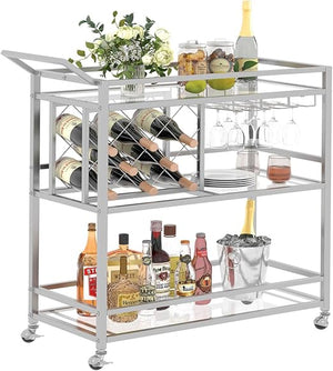 Rolling Bar Cart with Wine Rack & Stemware Holder