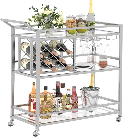 Rolling Bar Cart with Wine Rack & Stemware Holder