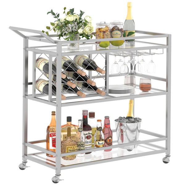 FATORRI Bar Cart Silver, Bar Carts for The Home, Home Bar Serving Carts for Liquor, Rolling Wine Cart with 3 Tier Mirrored Shelves on Wheels for Alcohol and Beverage (Silver)