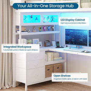 Twin Loft Bed with L-Shaped Gaming Desk & Storage