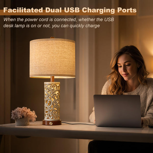 22" Dual Light Table Lamps Set of 2 with USB Charging & Touch Dimmer