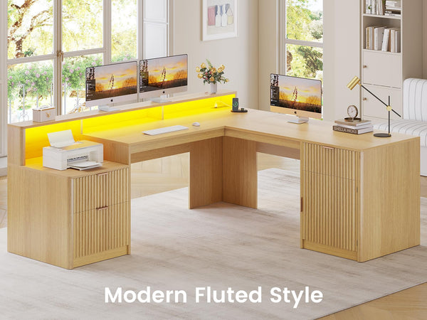 L-Shaped Executive Desk with Drawers, File Cabinet & Monitor Stand