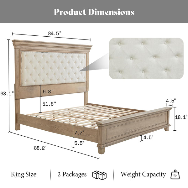 King Size Upholstered Bed Frame with Tall Headboard – Solid Wood, No Box Spring