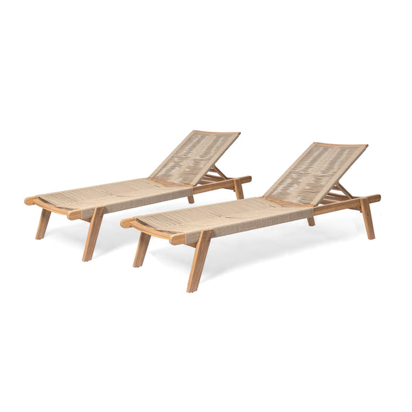 Outdoor Wood Chaise Lounge Set of 2 with Rope Seating