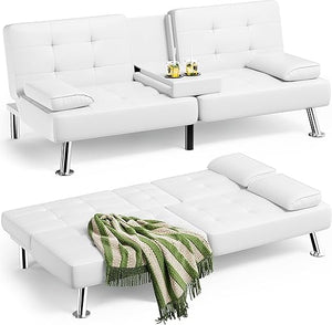 Convertible Futon Sofa Bed with Adjustable Backrest & Cup Holders