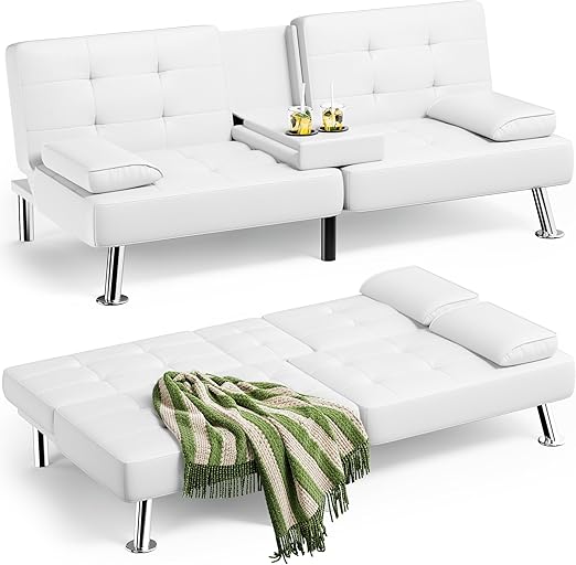 Convertible Futon Sofa Bed with Adjustable Backrest & Cup Holders