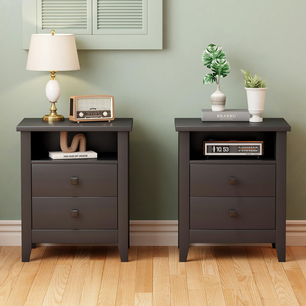 Farmhouse Nightstand Set of 2 with 2 Drawers and Open Shelf