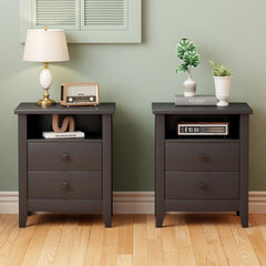 Farmhouse Nightstand Set of 2 with 2 Drawers and Open Shelf