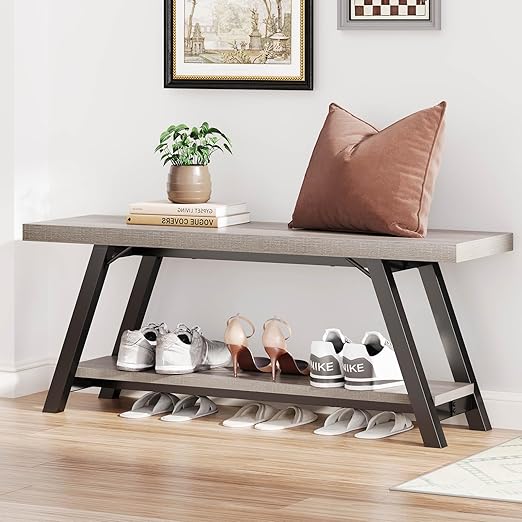 Entryway Storage Bench – Wood & Metal Shoe Bench