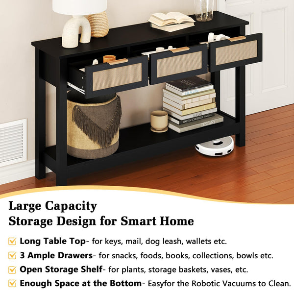 47" Rattan Console Table with 3 Drawers & Storage Shelf