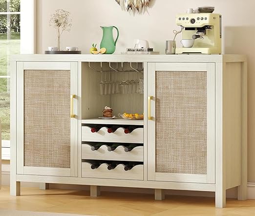 Rattan Wine Bar Cabinet with Glass Holder & Sideboard Storage
