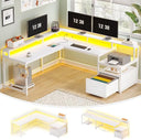L-Shaped Corner Desk with File Drawer, LED Lights & Monitor Shelf