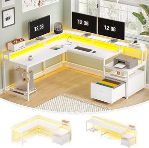 L-Shaped Corner Desk with File Drawer, LED Lights & Monitor Shelf