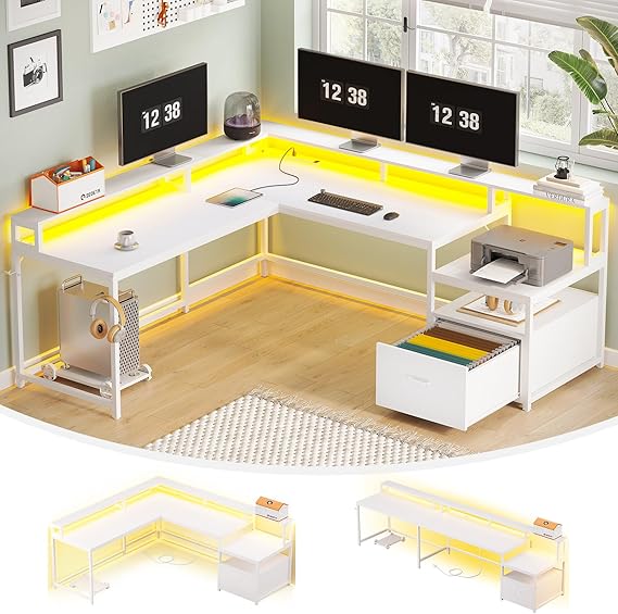 L-Shaped Corner Office Desk 66 Inch with File Drawer, LED Lights & Monitor Shelf
