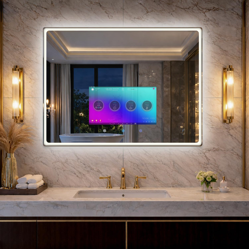 Smart Bathroom Mirror TV with LED Lights & Anti-Fog