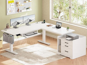 L-Shaped Electric Standing Desk with File Cabinet & Storage